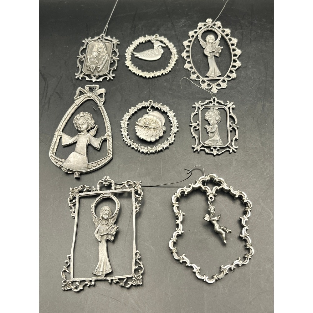 Vtg Pewter Christmas Ornaments Angels Santa Religious Lot of 8‎ Prayer